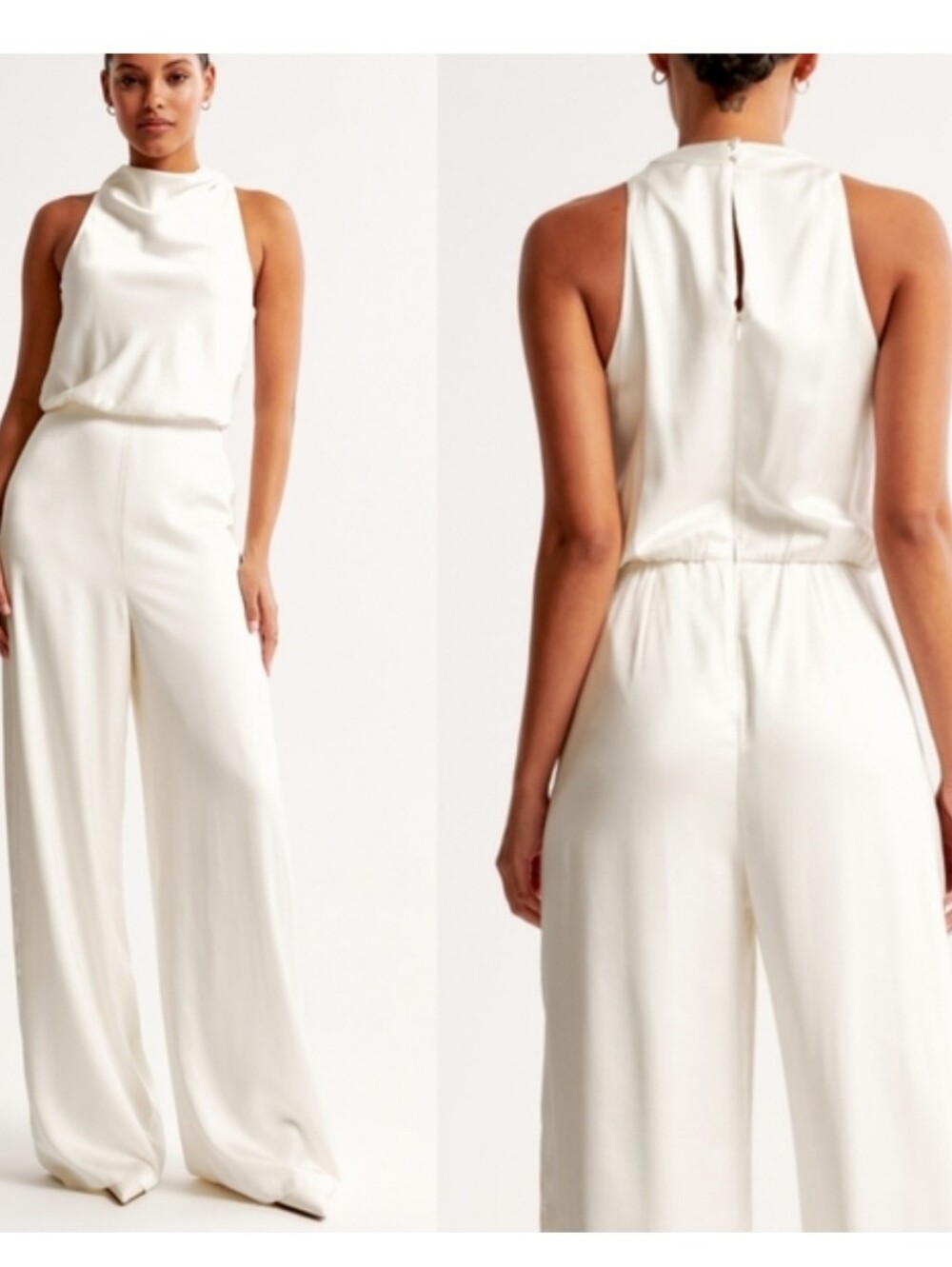 Abercrombie & Fitch Cream High-Neck Wide-Leg Jumpsuit